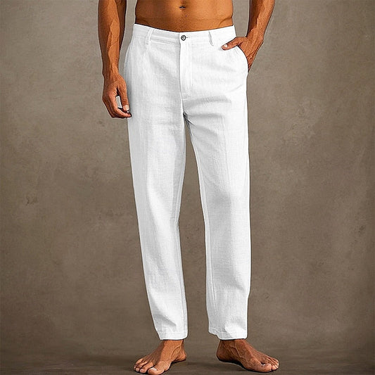 "Pantaloni in lino estivi da uomo, colore chiaro, vestibilità casual, tessuto leggero e traspirante per massima freschezza."