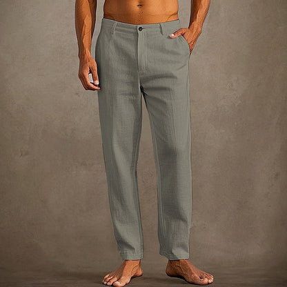 "Pantaloni in lino estivi da uomo, colore chiaro, vestibilità casual, tessuto leggero e traspirante per massima freschezza."