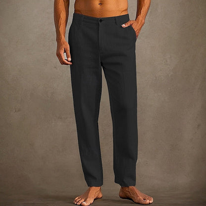 "Pantaloni in lino estivi da uomo, colore chiaro, vestibilità casual, tessuto leggero e traspirante per massima freschezza."