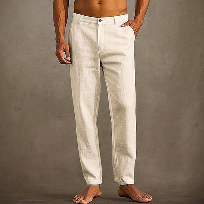 "Pantaloni in lino estivi da uomo, colore chiaro, vestibilità casual, tessuto leggero e traspirante per massima freschezza."