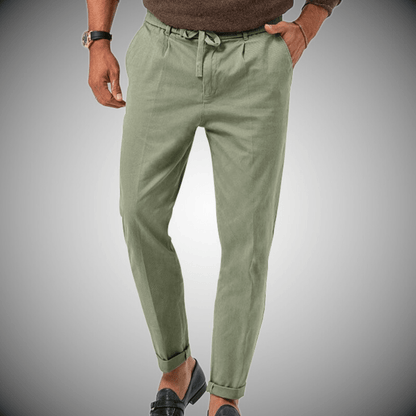 "Pantaloni uomo in lino, eleganti e traspiranti, colore beige, stile rilassato, ideali per look casual o formale."