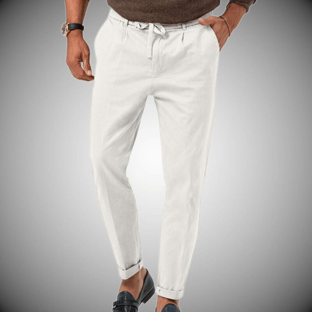 "Pantaloni uomo in lino, eleganti e traspiranti, colore beige, stile rilassato, ideali per look casual o formale."