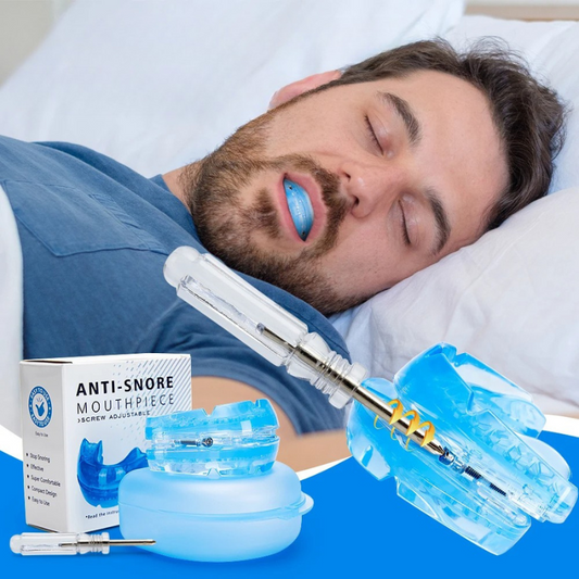 "Paradenti antirussamento regolabile, BPA-free, design ergonomico per comfort notturno e adattabile a uomo e donna."