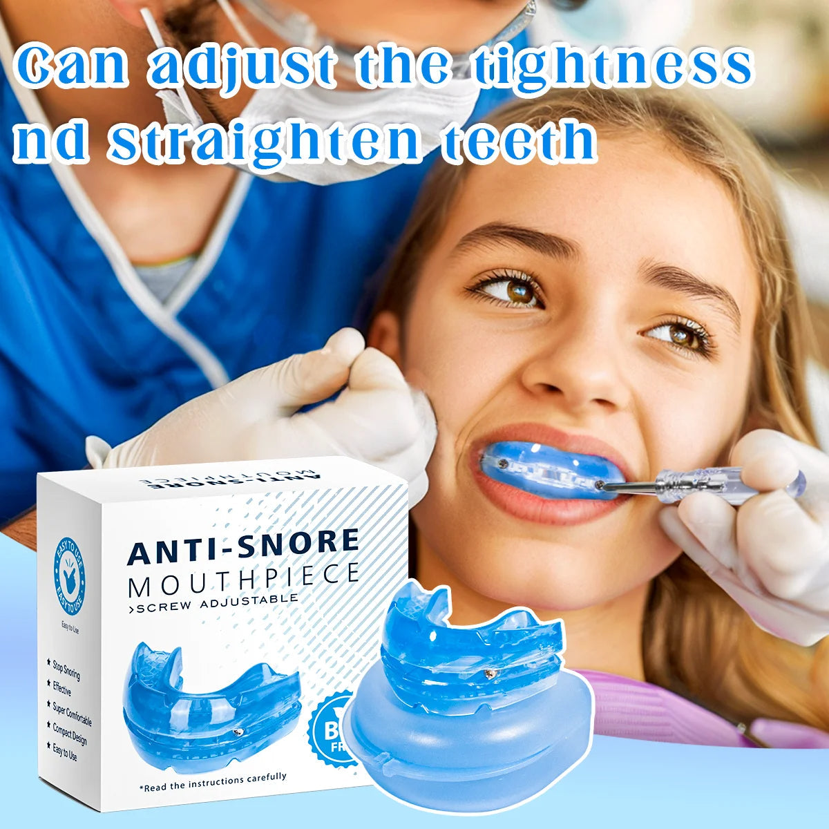 "Paradenti antirussamento regolabile, BPA-free, design ergonomico per comfort notturno e adattabile a uomo e donna."