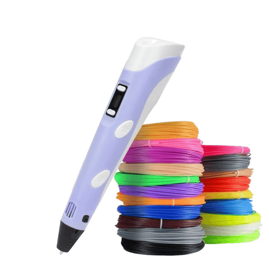 Penna 3D elettronica ergonomica in azione, colorazioni vivaci e filamenti, ideale per creazioni artistiche dettagliate.
