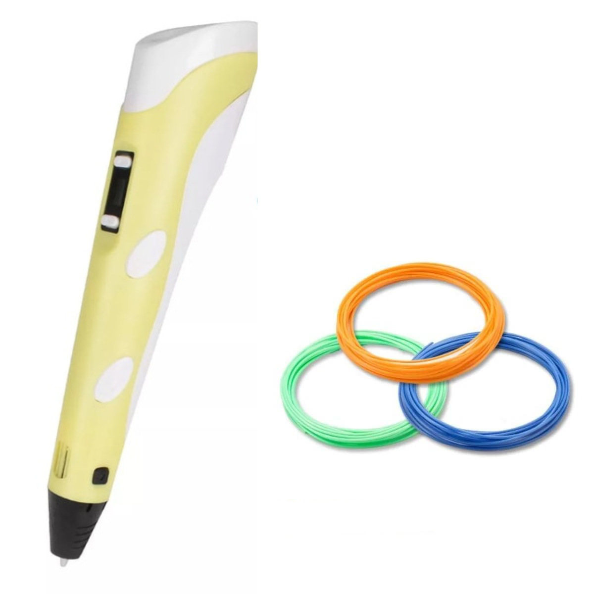 Penna 3D elettronica ergonomica in azione, colorazioni vivaci e filamenti, ideale per creazioni artistiche dettagliate.