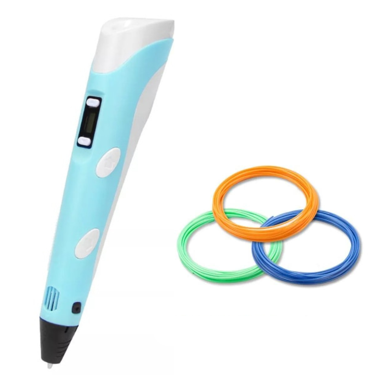 Penna 3D elettronica ergonomica in azione, colorazioni vivaci e filamenti, ideale per creazioni artistiche dettagliate.