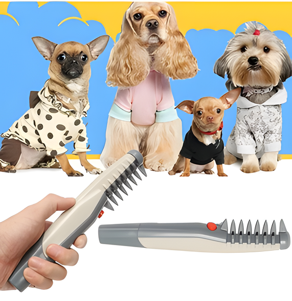 Dog being groomed with a pet fur trimmer. Easily removes excess fur, detangles mats, and promotes a healthy coat.