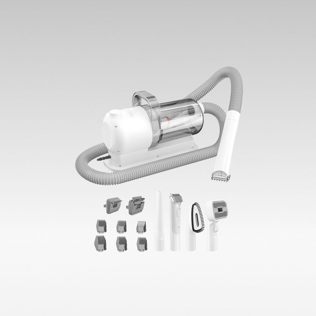 Pet grooming vacuum kit with quiet suction, perfect for dog hair removal & grooming.