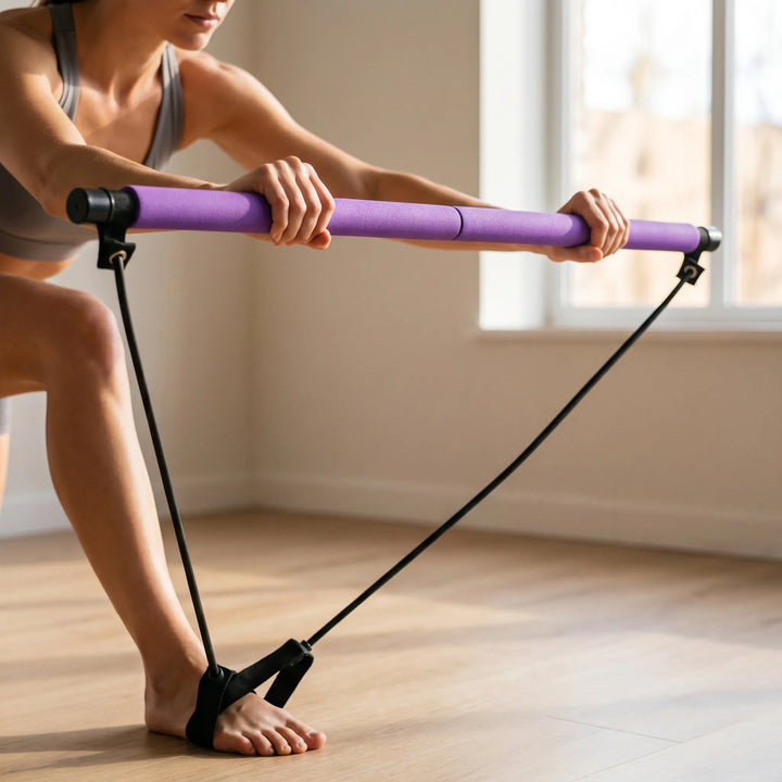 Pilates stick bar with resistance bands for full body home gym workout. Adjustable for fitness & core strength.