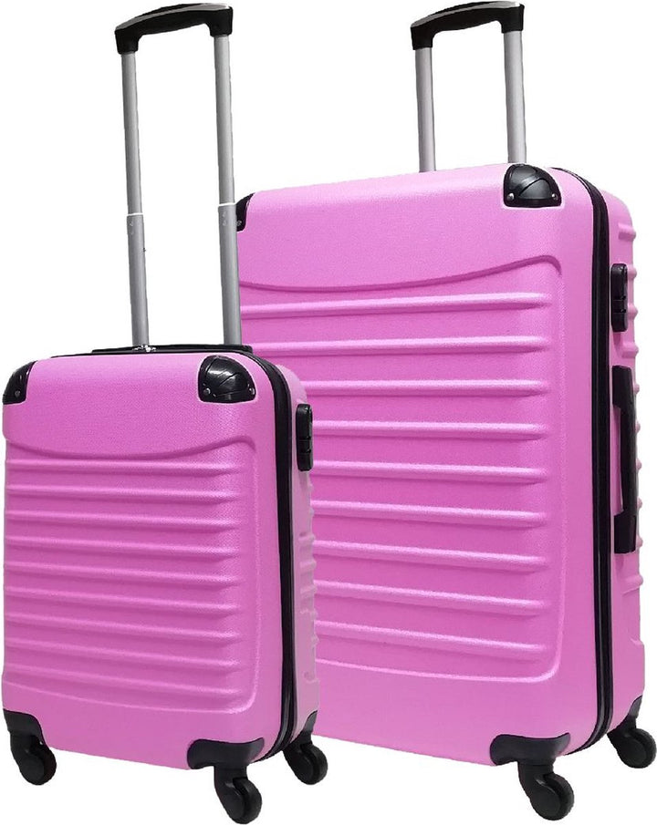Unisex durable hardshell suitcase set in pink; includes carry-on & checked luggage.