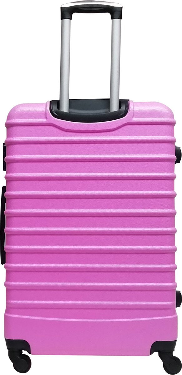 Complete pink hardshell travel luggage set: 2 durable suitcases with spinner wheels.