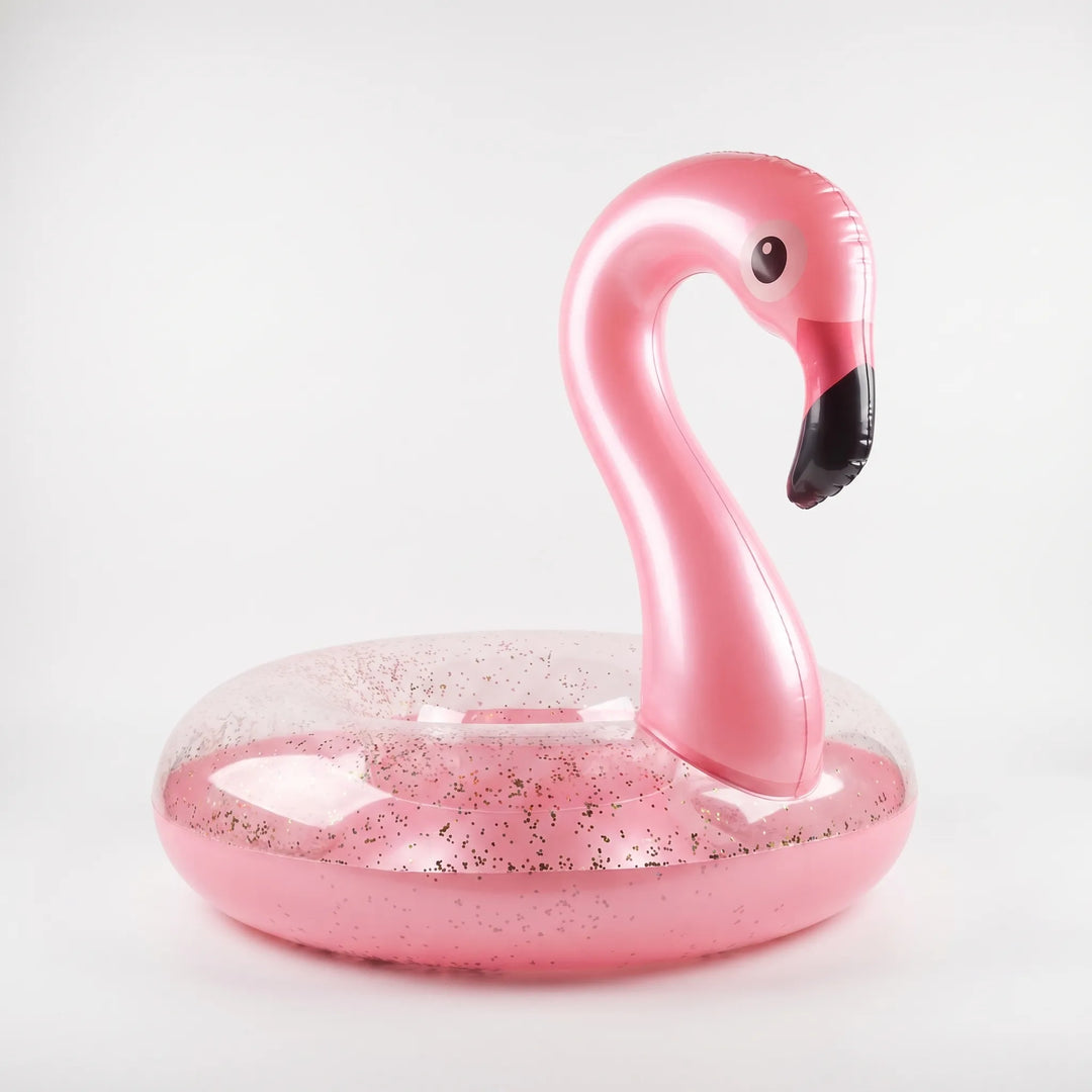 Vibrant pink flamingo inflatable float, a must-have water toy and pool accessory for summer.