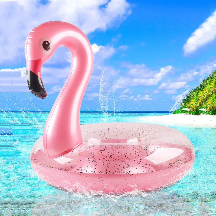 Durable inflatable pink flamingo float for ultimate summer fun, a great party & beach vacation accessory.