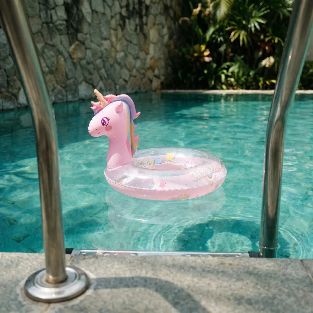 Pink inflatable unicorn pool float for adults & kids. Fun summer water toy & lounger for swimming pools.