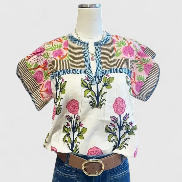 Pink women's embroidered blouse. Stylish, boho chic, relaxed fit top for everyday elegance & summer wear.