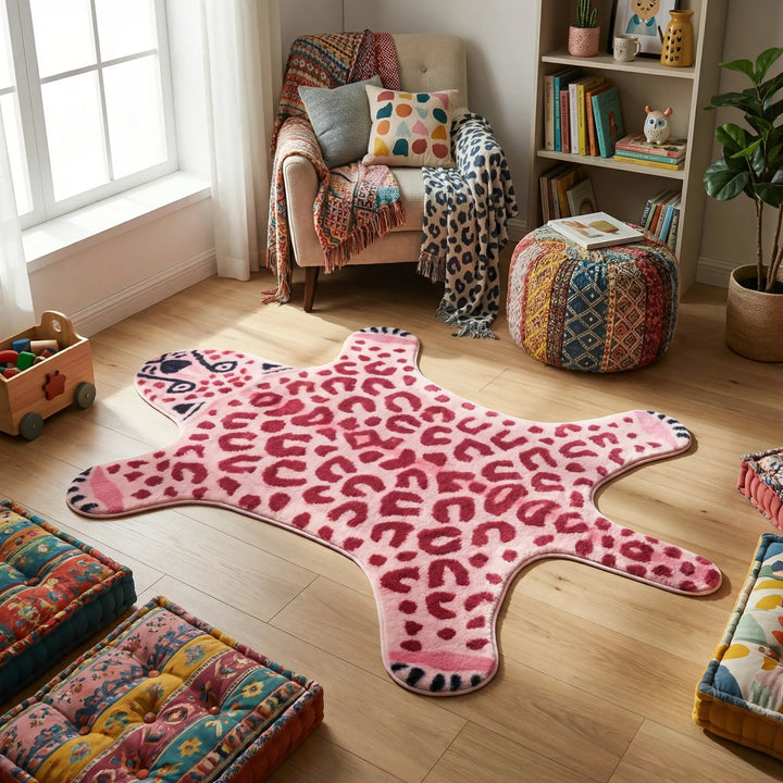 Playful pink leopard print accent rug with waves, perfect for cozy bedroom or living room decor. Soft animal print area rug.
