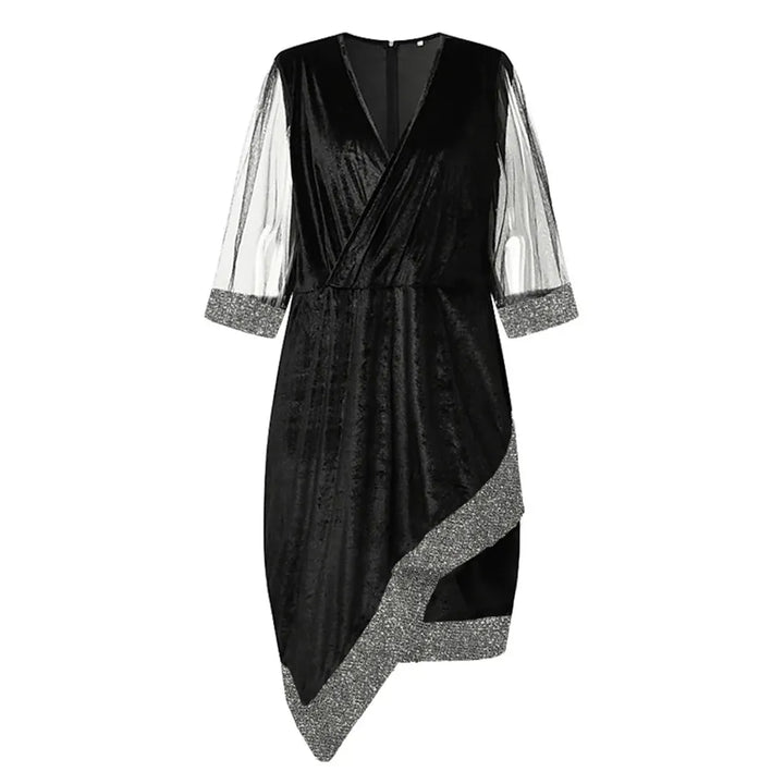 Glamorous plus-size fall fashion dress. Elegant long sleeve design with sophisticated sheer details.