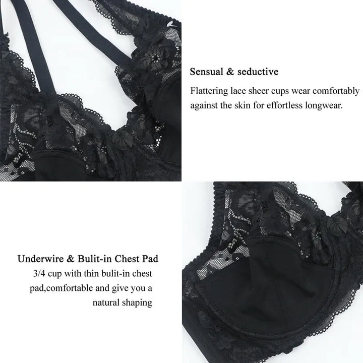 Close-up of intricate lace detail on a women's plus-size comfort bra, providing style and support.