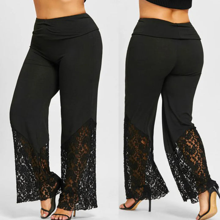 Relaxed fit plus-size women's wide-leg lace lounge pants. Comfortable, high-waist design for feminine casual wear.