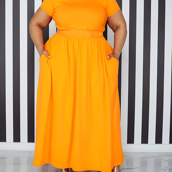 Casual plus size short sleeve maxi dress, flowy and elegant for women's everyday style.