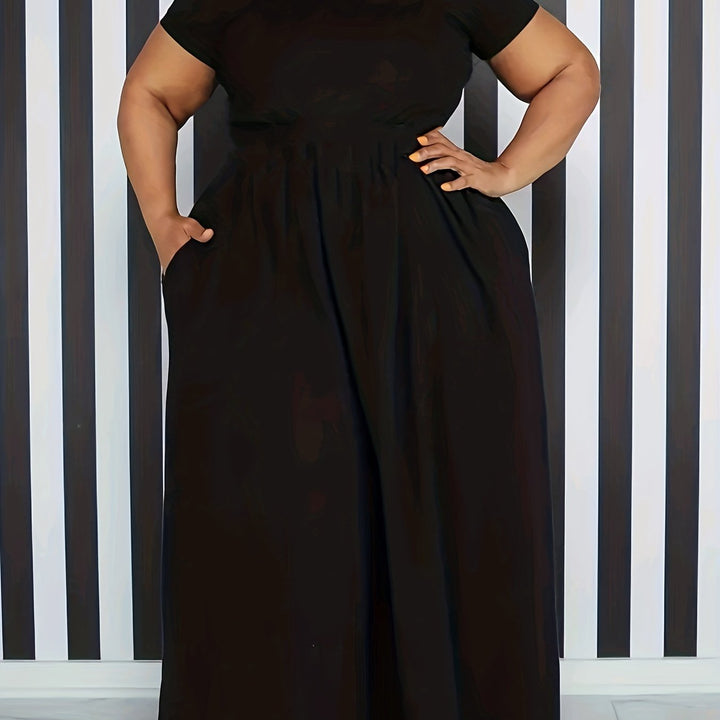 Elegant plus size women's short sleeve maxi dress, flowy fabric, perfect for summer casual.