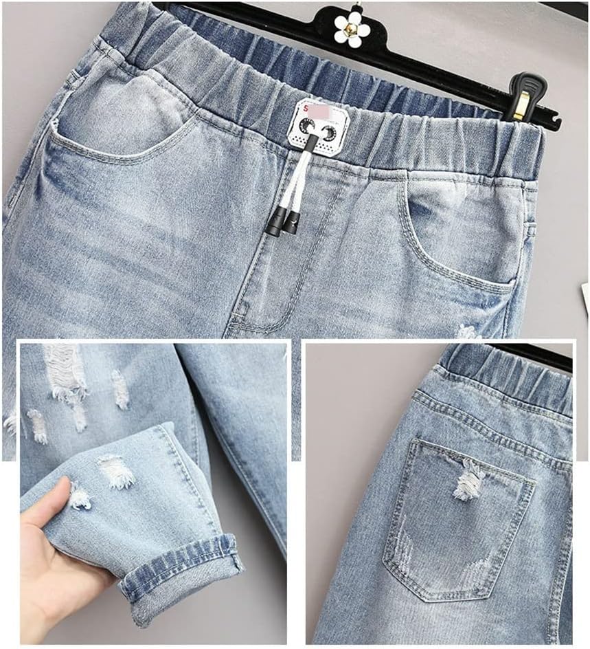 Versatile plus-size women's ripped high-waisted oversized jeans. Distressed denim for year-round casual fashion.