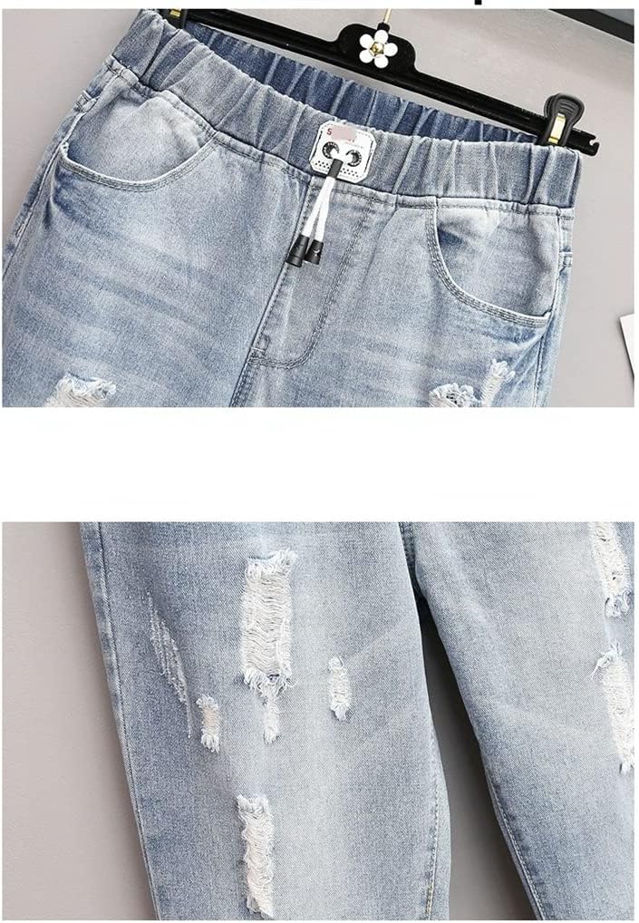 Fashionable plus-size women's ripped high-waisted oversized jeans. Trendy distressed denim for a comfortable, stylish look.