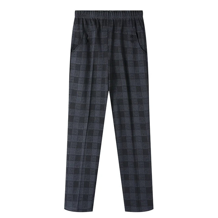 Warm black lattice fleece trousers for plus size women, ideal for winter casual wear.