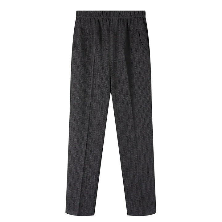 Plus size women's striped fleece pants with flexible waist, offering comfortable winter wear.