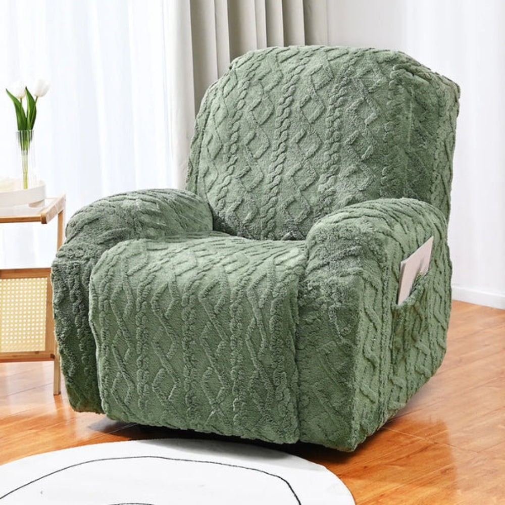 Plush cable knit jacquard recliner cover in a cozy beige, protecting furniture with warm, textured comfort.