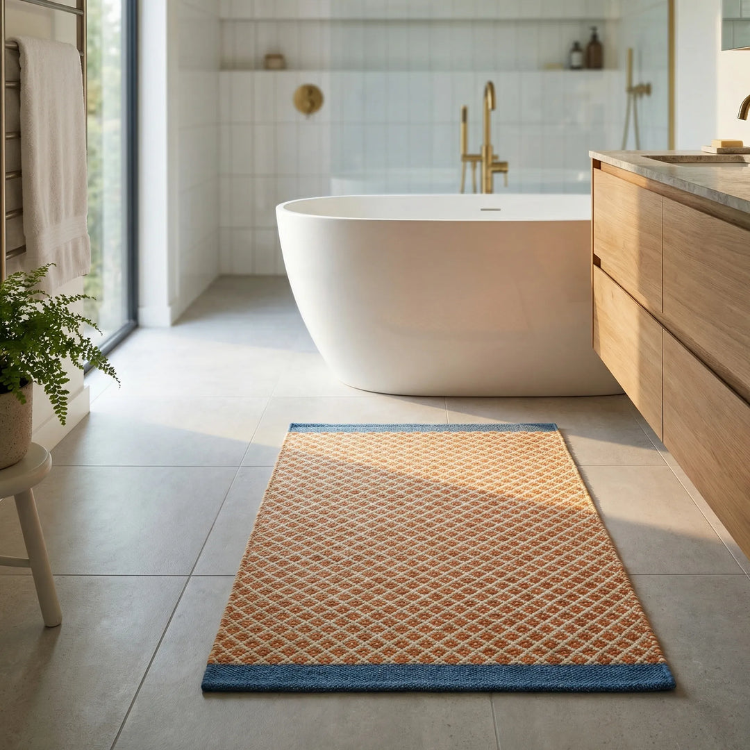 Versatile unisex checkered floor mat, plush and soft for bathroom or entryway comfort.