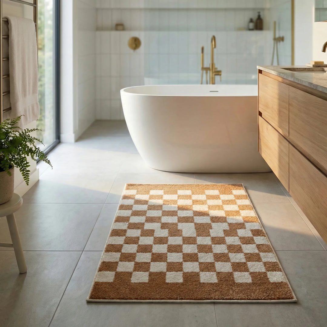 Luxurious PlushiGrid checkered bath mat, plush texture for soft underfoot comfort.