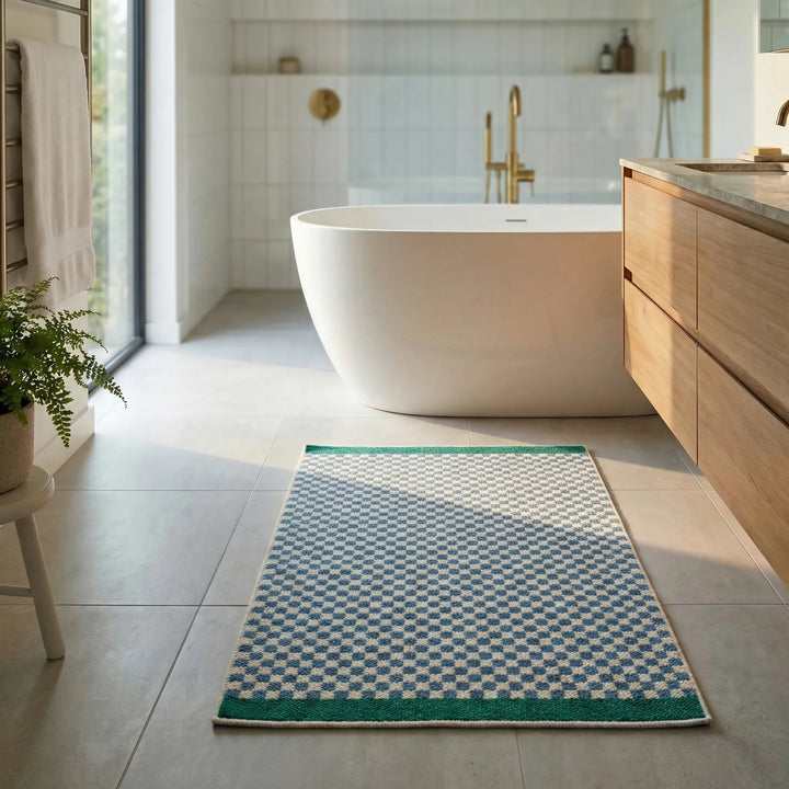 Modern checkered bathroom rug, plush, soft, absorbent, and non-slip for safety.