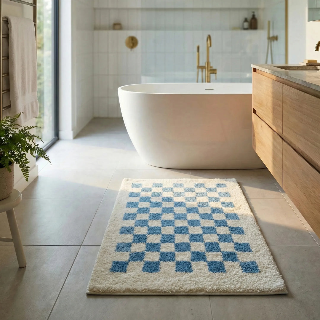 Ultra-soft plush checkered bath mat, providing luxurious comfort for your bathroom.