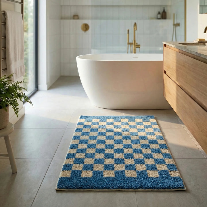 Unique checkered grid bath mat, plush, soft, and non-slip for a secure bathroom.