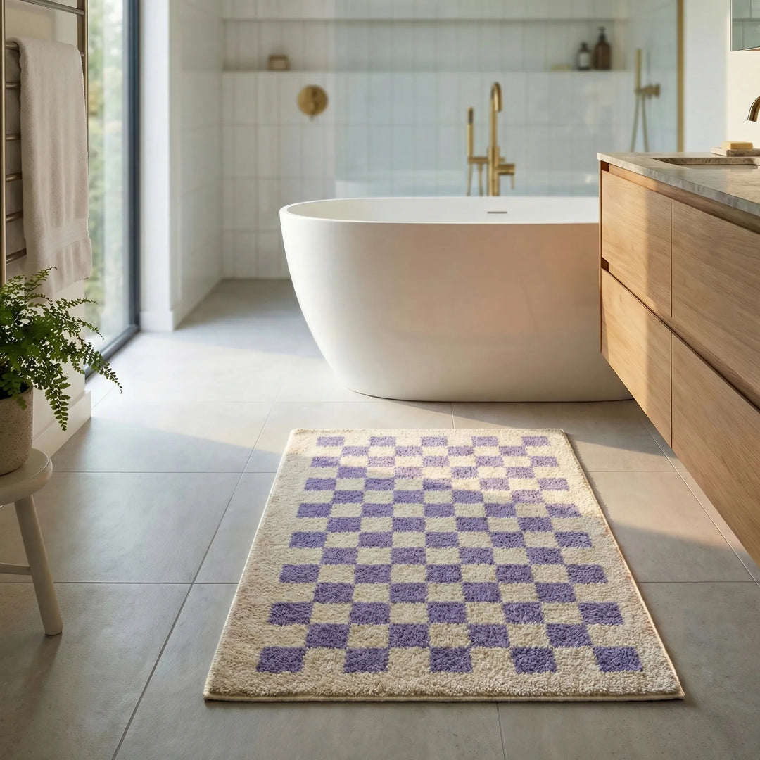 Elegant checkered plush floor mat, enhancing modern bathroom decor with soft comfort.