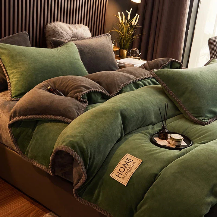 White velvet fleece duvet cover on a well-made bed, creating a serene and warm sleeping environment.
