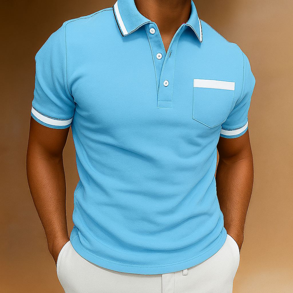 "Polo elegante da uomo in cotone leggero, colore chiaro, con colletto tradizionale per un look versatile e raffinato."