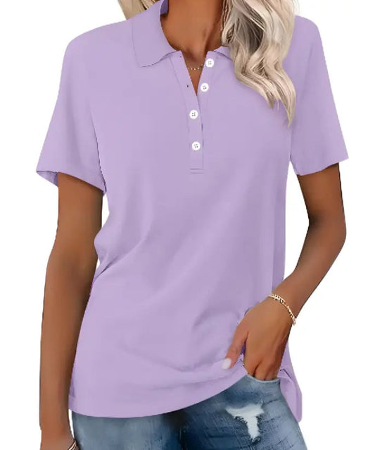 "Polo elegante donna estiva, vista frontale; tessuto leggero, colore vivace, ideale per look sofisticato e confortevole."