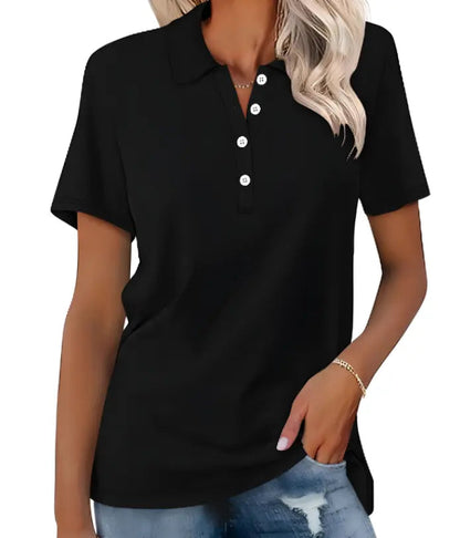 "Polo elegante donna estiva, vista frontale; tessuto leggero, colore vivace, ideale per look sofisticato e confortevole."