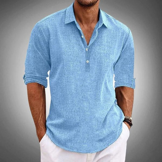 "Polo lino uomo elegante, manica corta, tessuto fresco e traspirante, design classico con bottoni, ideale per look raffinato.