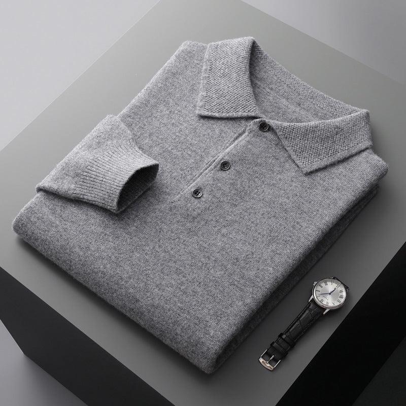 "Polo uomo cashmere elegante grigio, tessuto morbido, taglio moderno, ideale per look formali e casual."