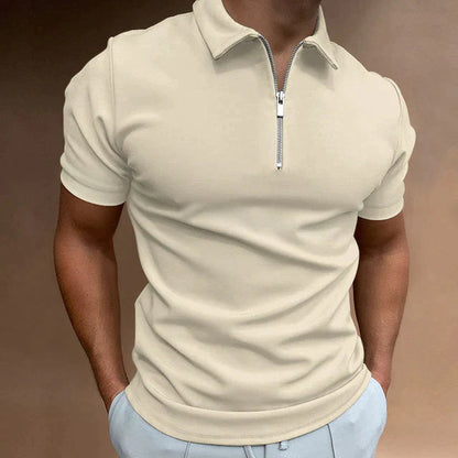 "Polo uomo elegante con zip, design moderno, colore blu navy, tessuto traspirante, look casual chic perfetto per ogni occasio