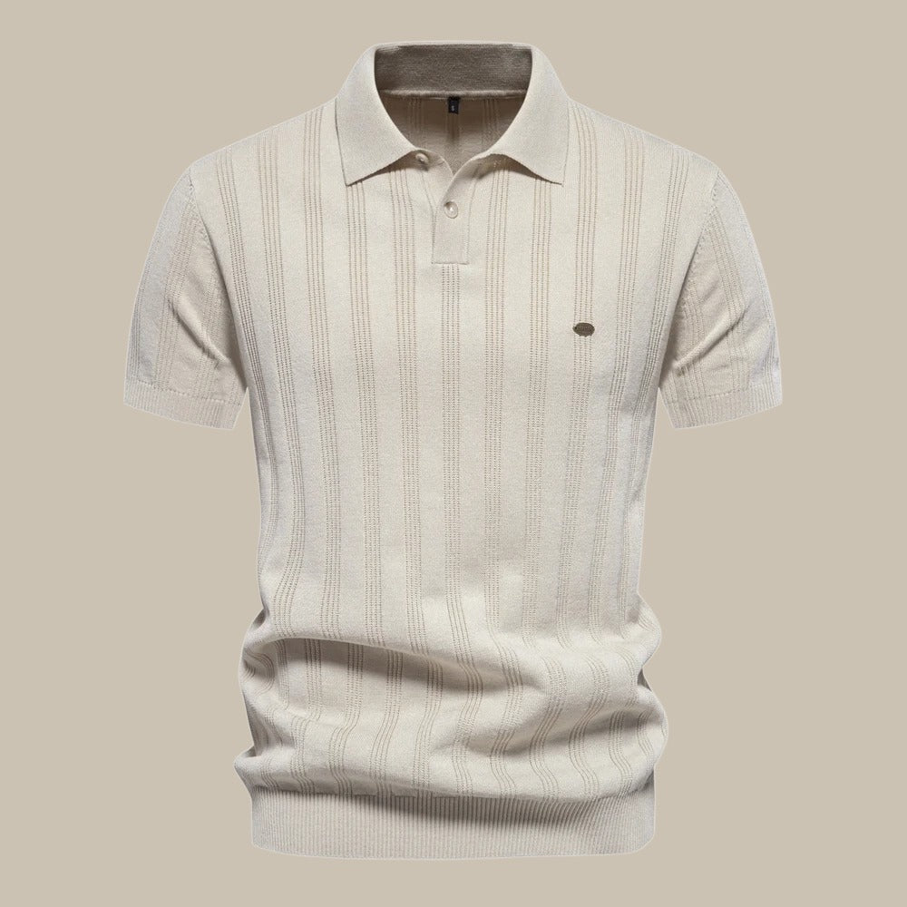 "Polo uomo elegante lana merino beige, traspirante, versatile, stile casual e formale, disponibile in diverse taglie."