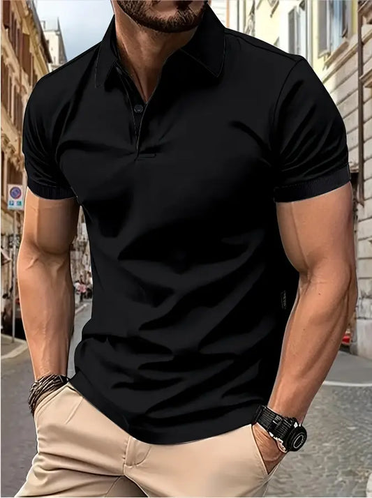 "Polo uomo muscle-fit traspirante, design elegante, colletto a revers, perfetta per golf, blu scuro, tessuto leggero elastici