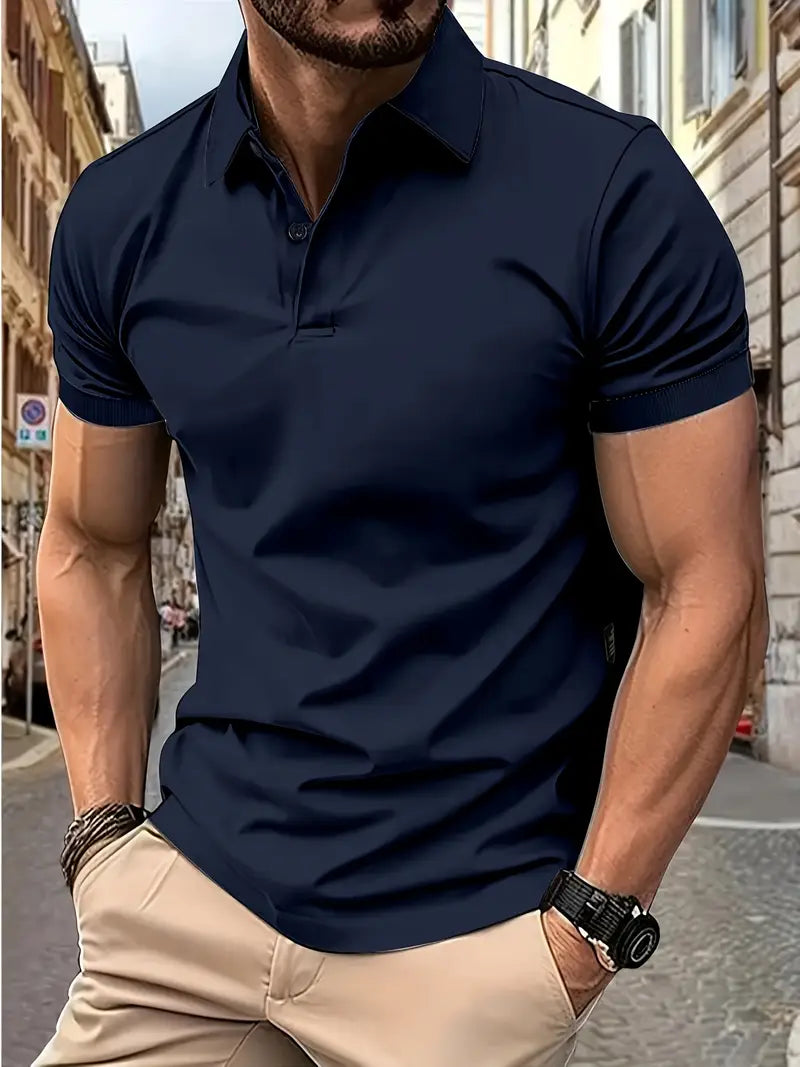 "Polo uomo muscle-fit traspirante, design elegante, colletto a revers, perfetta per golf, blu scuro, tessuto leggero elastici