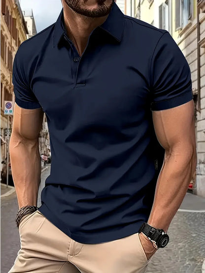"Polo uomo muscle-fit traspirante, design elegante, colletto a revers, perfetta per golf, blu scuro, tessuto leggero elastici