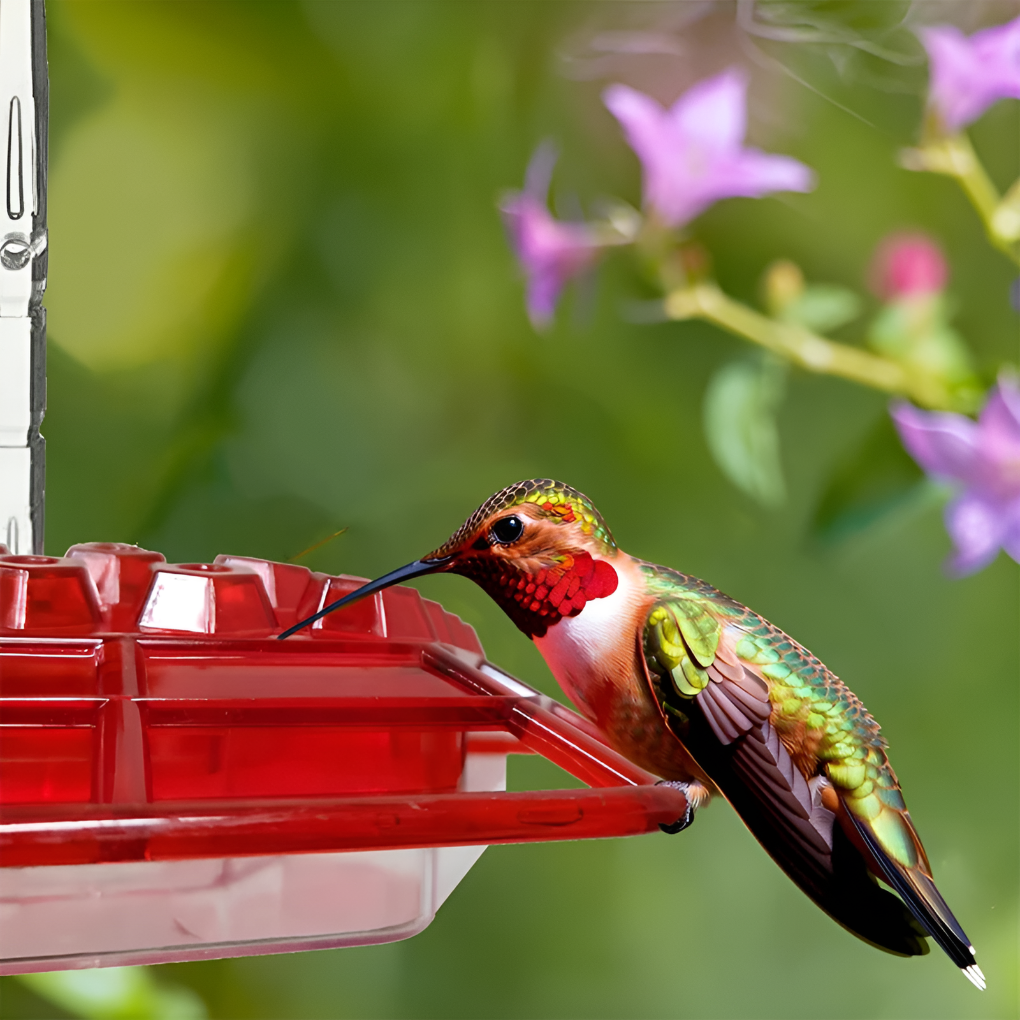 Polycarbonate hummingbird feeder with built-in ant moat and bee deterrent, perfect for garden bird watching.