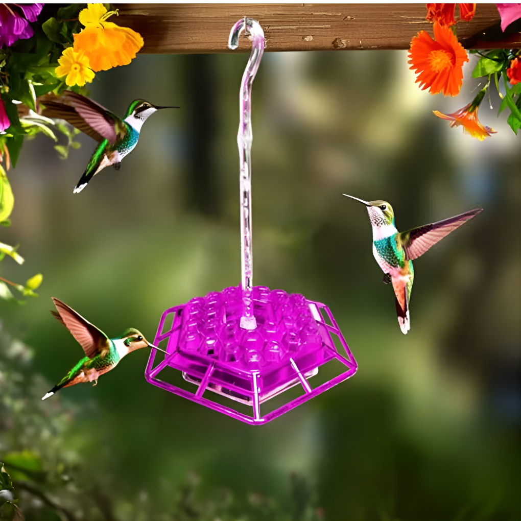 Outdoor hummingbird feeder with ant & bee guards ensures pure nectar access for garden hummingbirds; easy to hang.